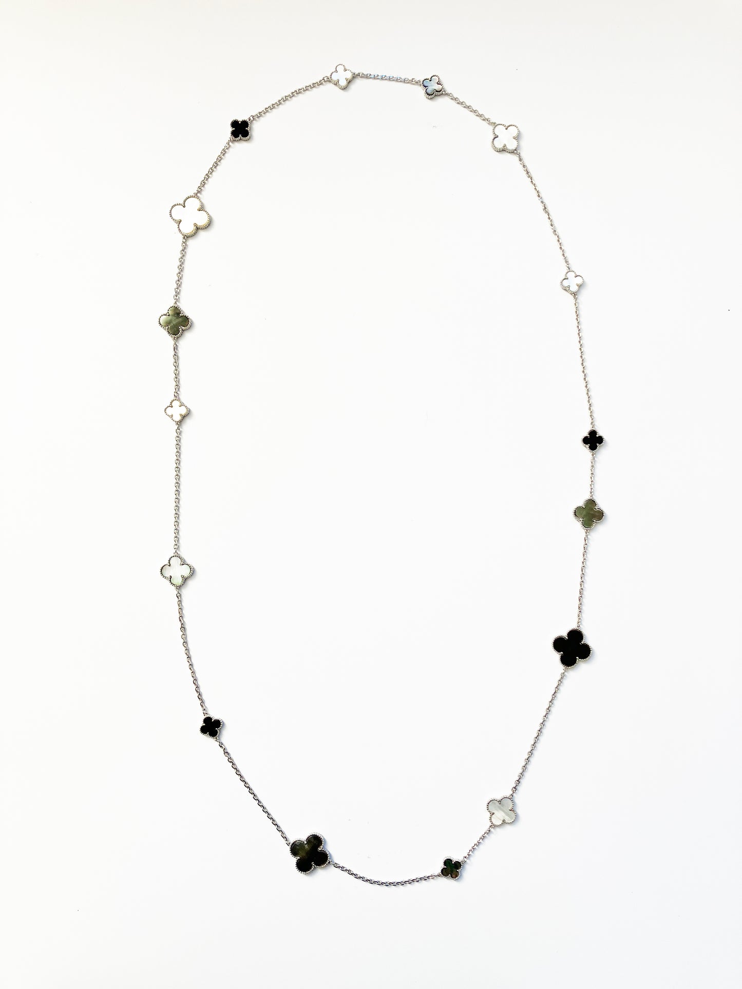 Mixed Size Onyx and White and Gray Mother of Pearl Quatrefoil Silver Plated Necklace