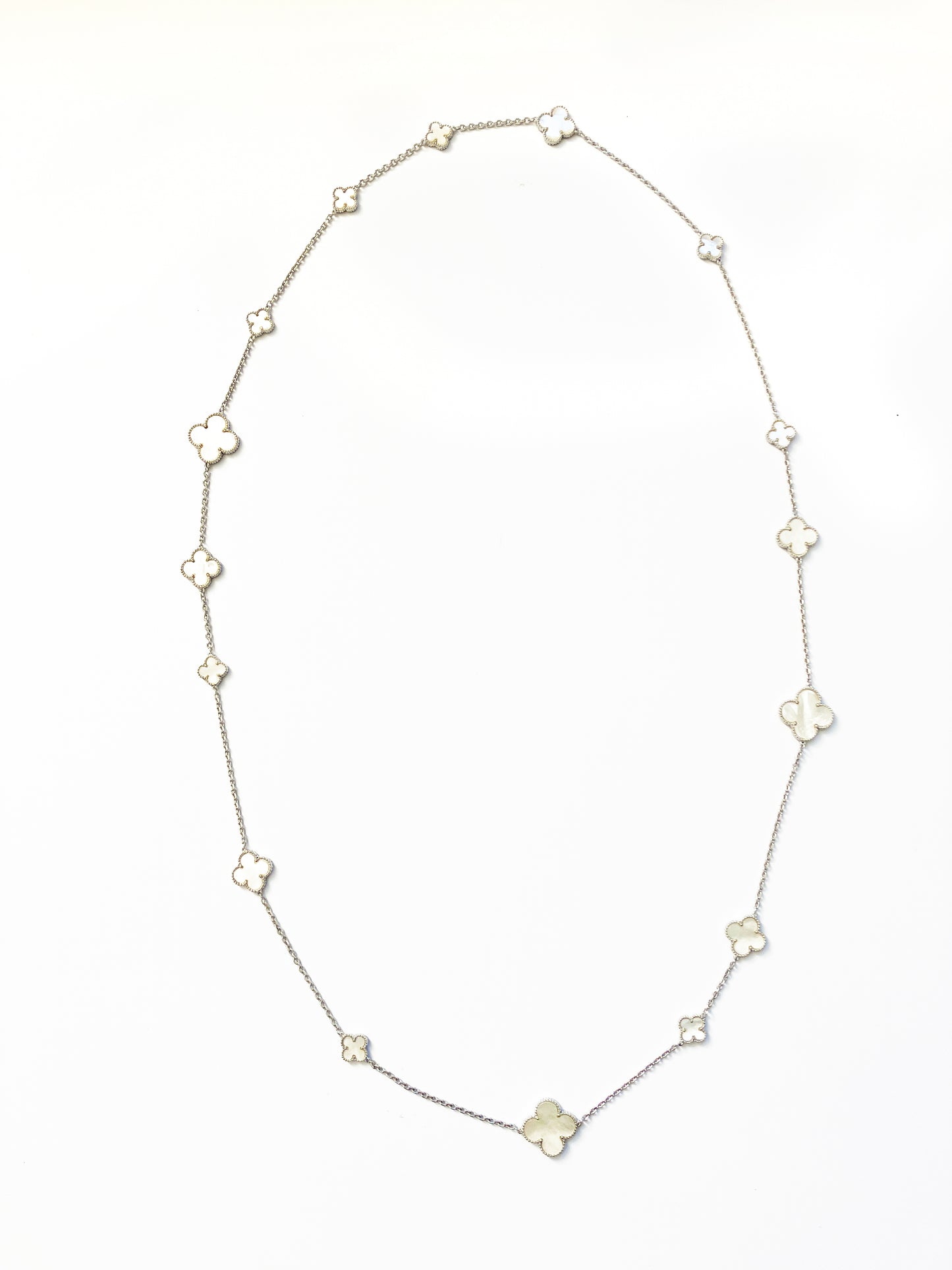 Mixed Size Mother of Pearl Quatrefoil Silver Plated Necklace