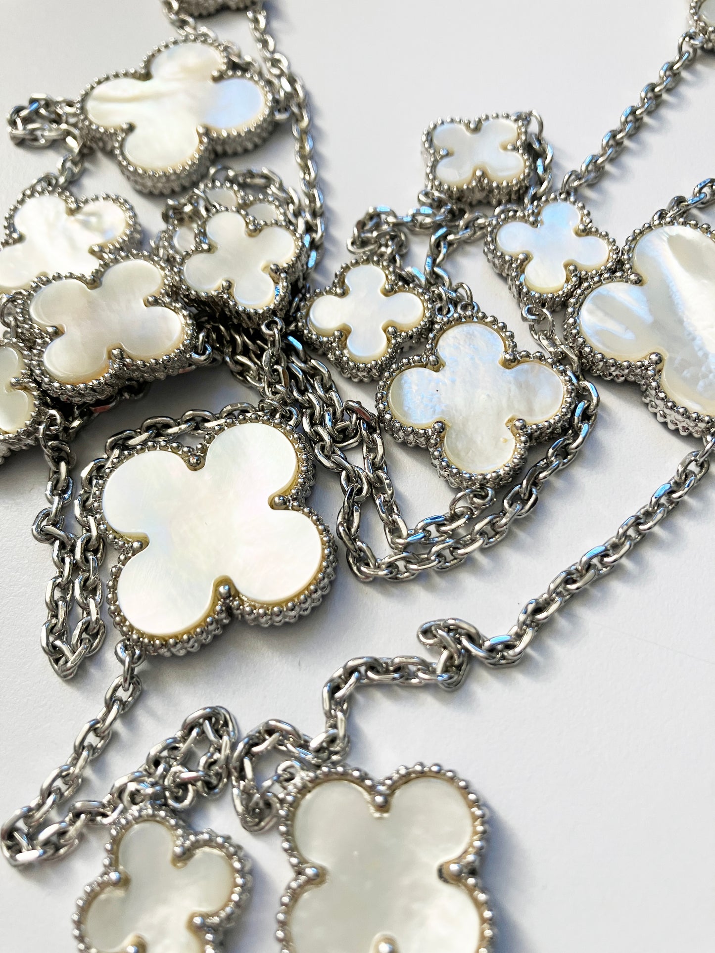 Mixed Size Mother of Pearl Quatrefoil Silver Plated Necklace