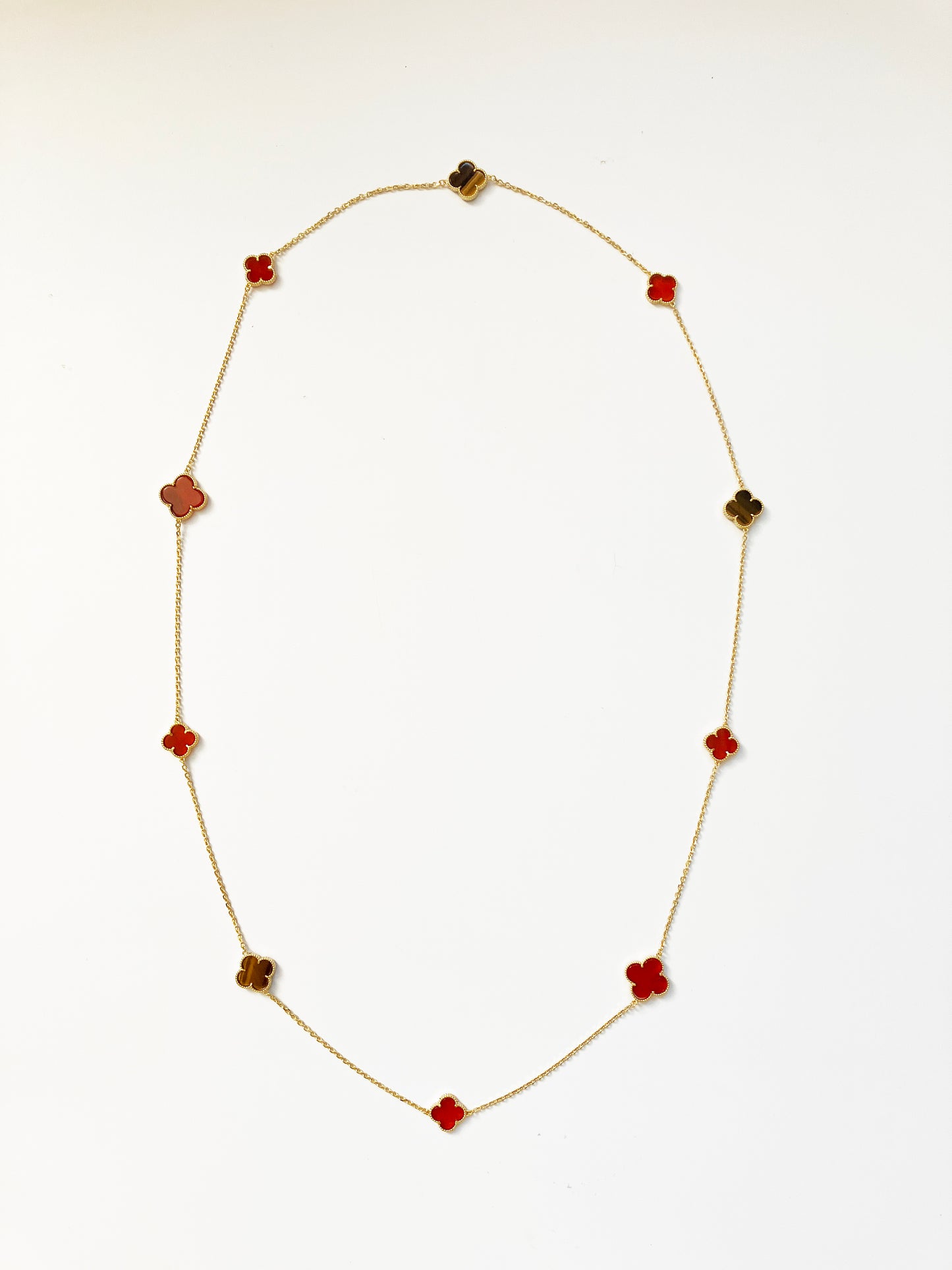 Mixed Size Carnelian and Tiger Eye Quatrefoil Gold Plated Necklace