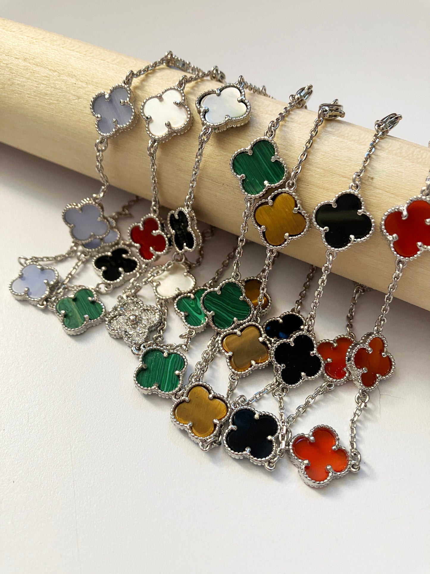 Adjustable 7.5" Onyx, Cubic Zirconium, Mother of Pearl Quatrefoil Bracelet