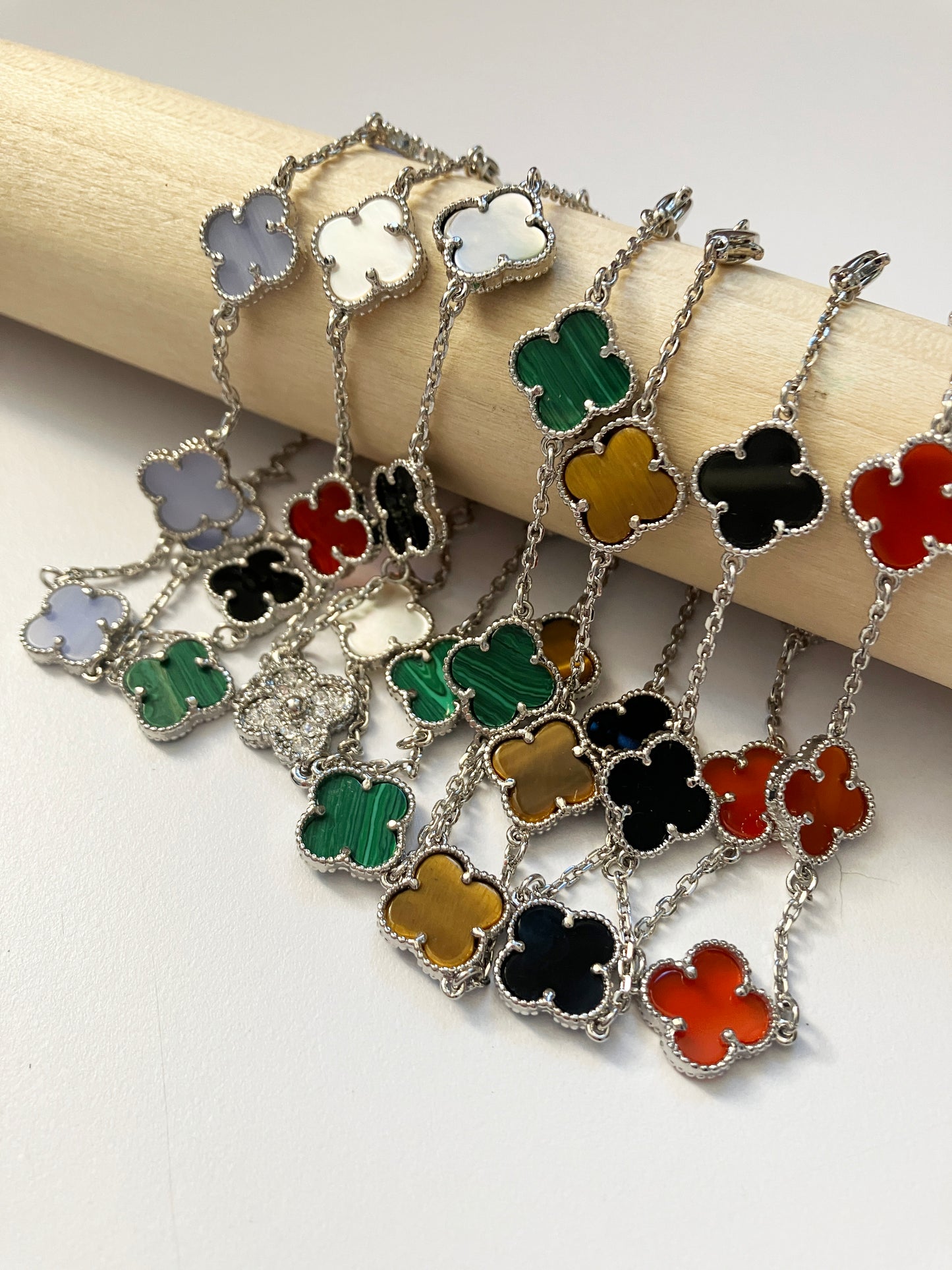 Adjustable 7.5" Onyx, Cubic Zirconium, Mother of Pearl Quatrefoil Bracelet