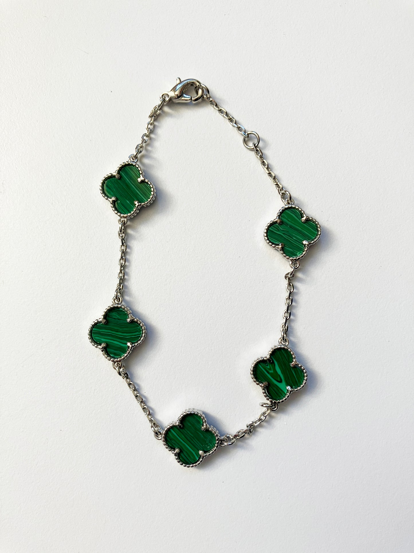 Adjustable 7.5" Malachite Quatrefoil Bracelet