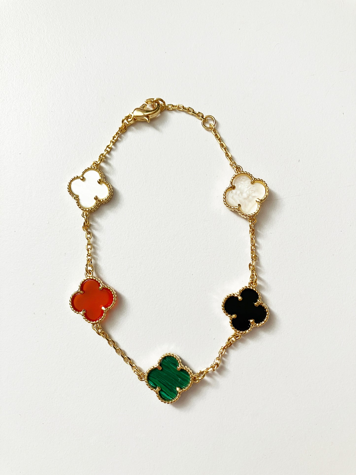 Adjustable 7.5" Onyx, Carnelian, Malachite and Mother of Pearl Quatrefoil Bracelet