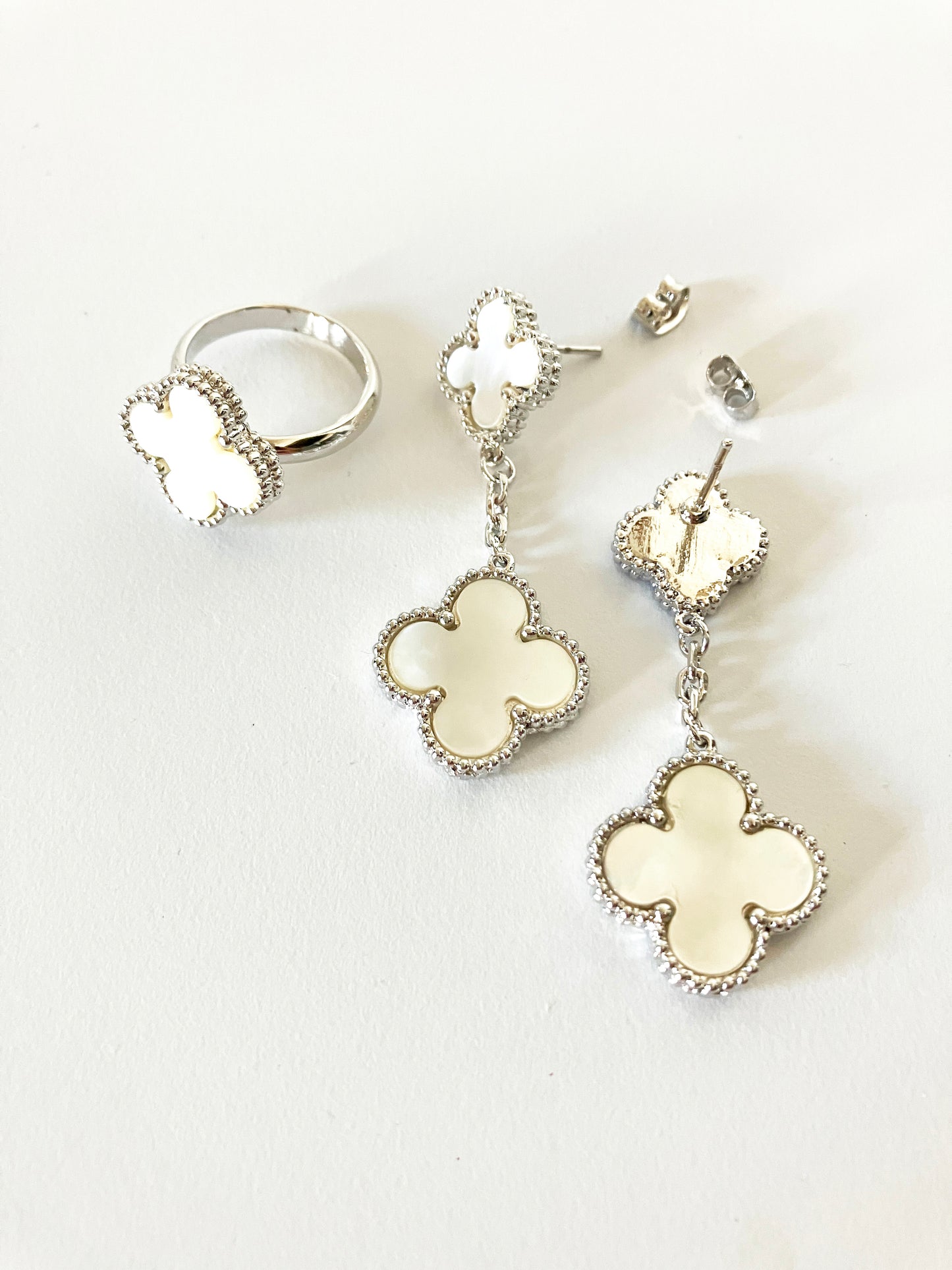 Quatrefoil Motif Silver and Mother of Pearl Demi Parure