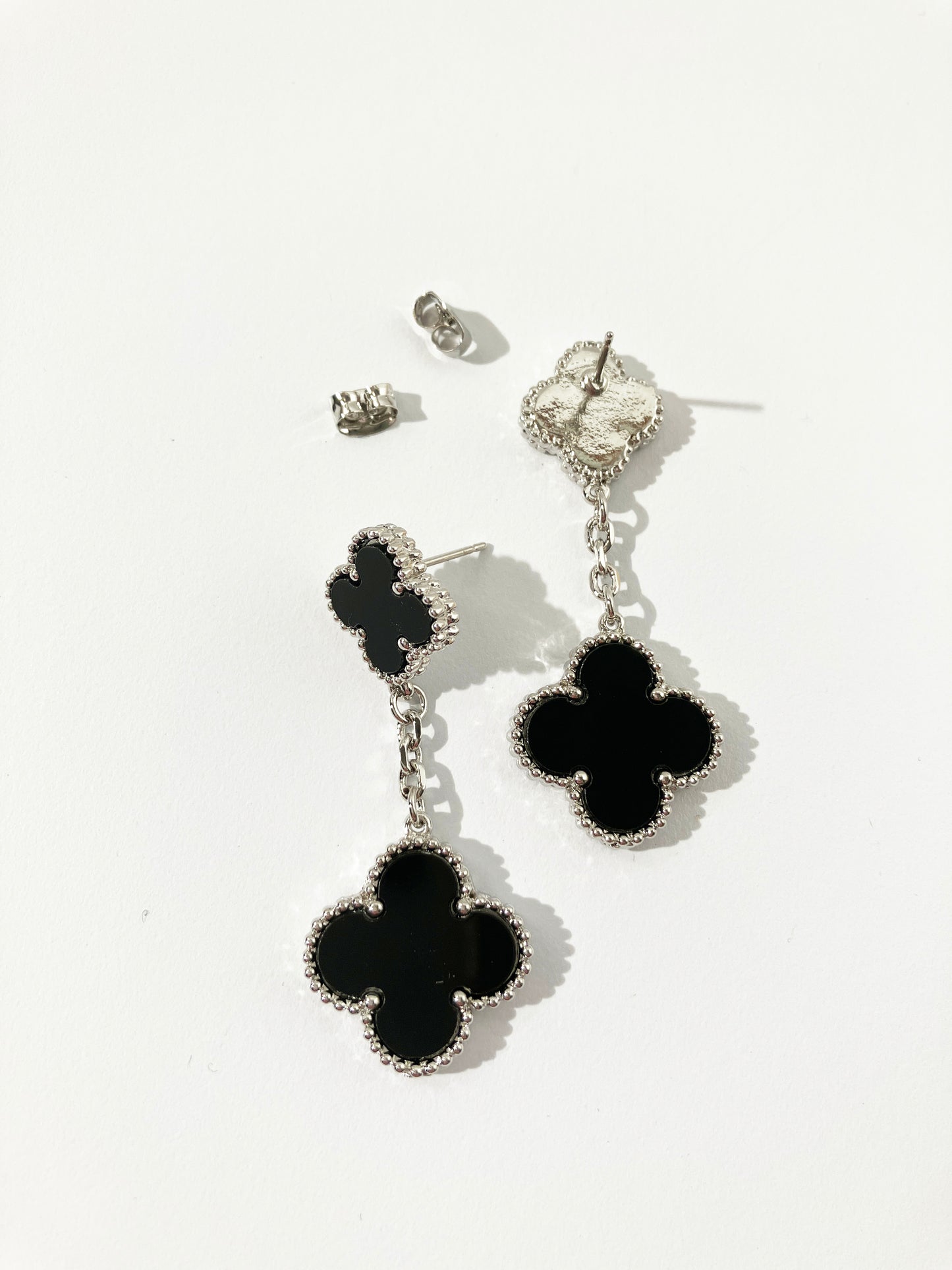 Drop Onyx and Silver Quatrefoil Motif Earrings