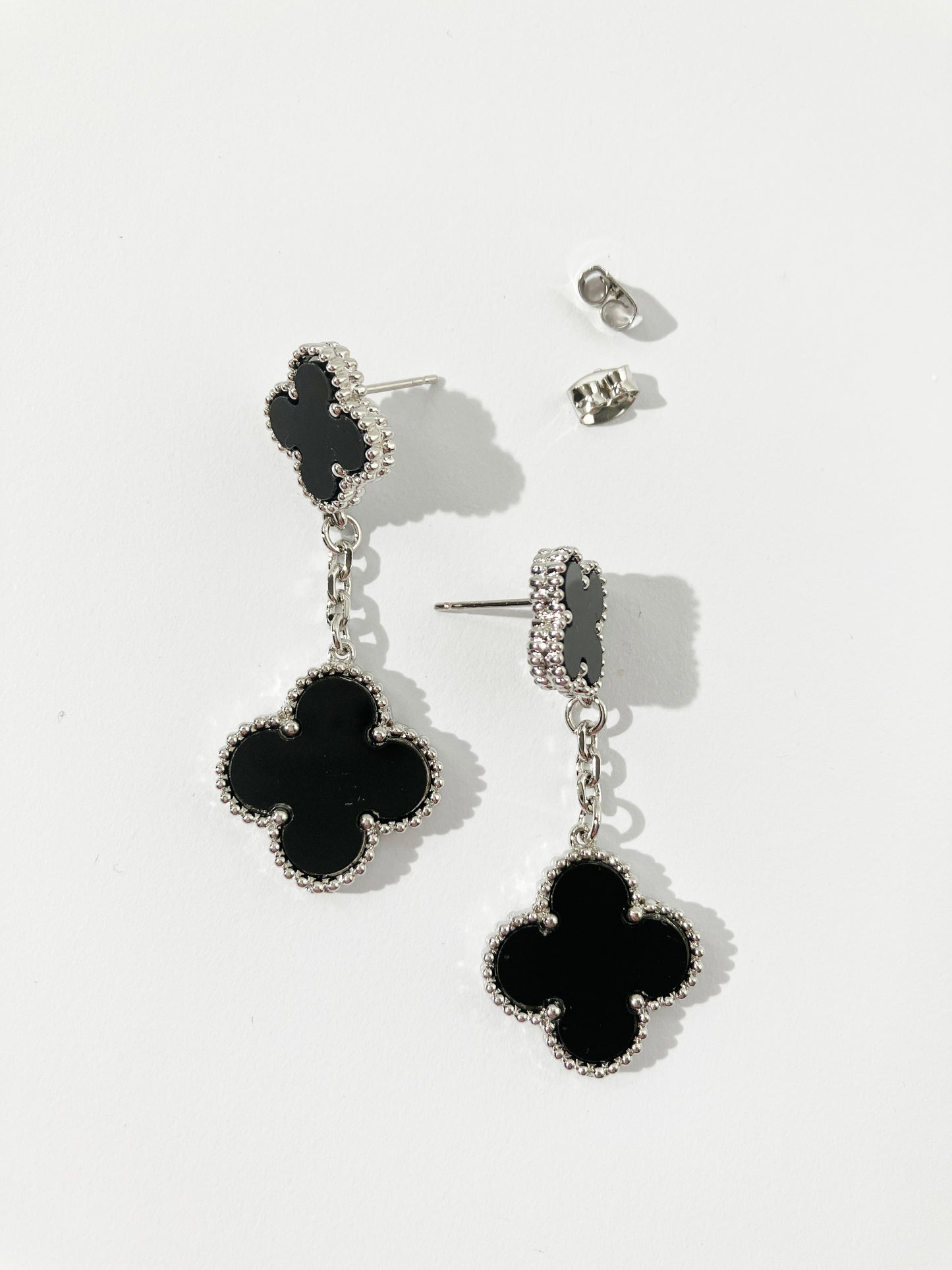Drop Onyx and Silver Quatrefoil Motif Earrings