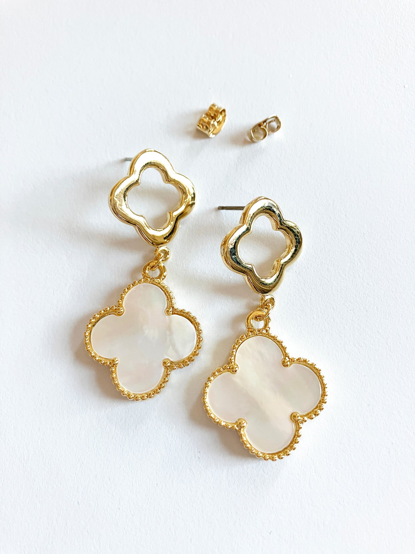 Gold Openwork and Mother of Pearl Quatrefoil Double-drop Earrings