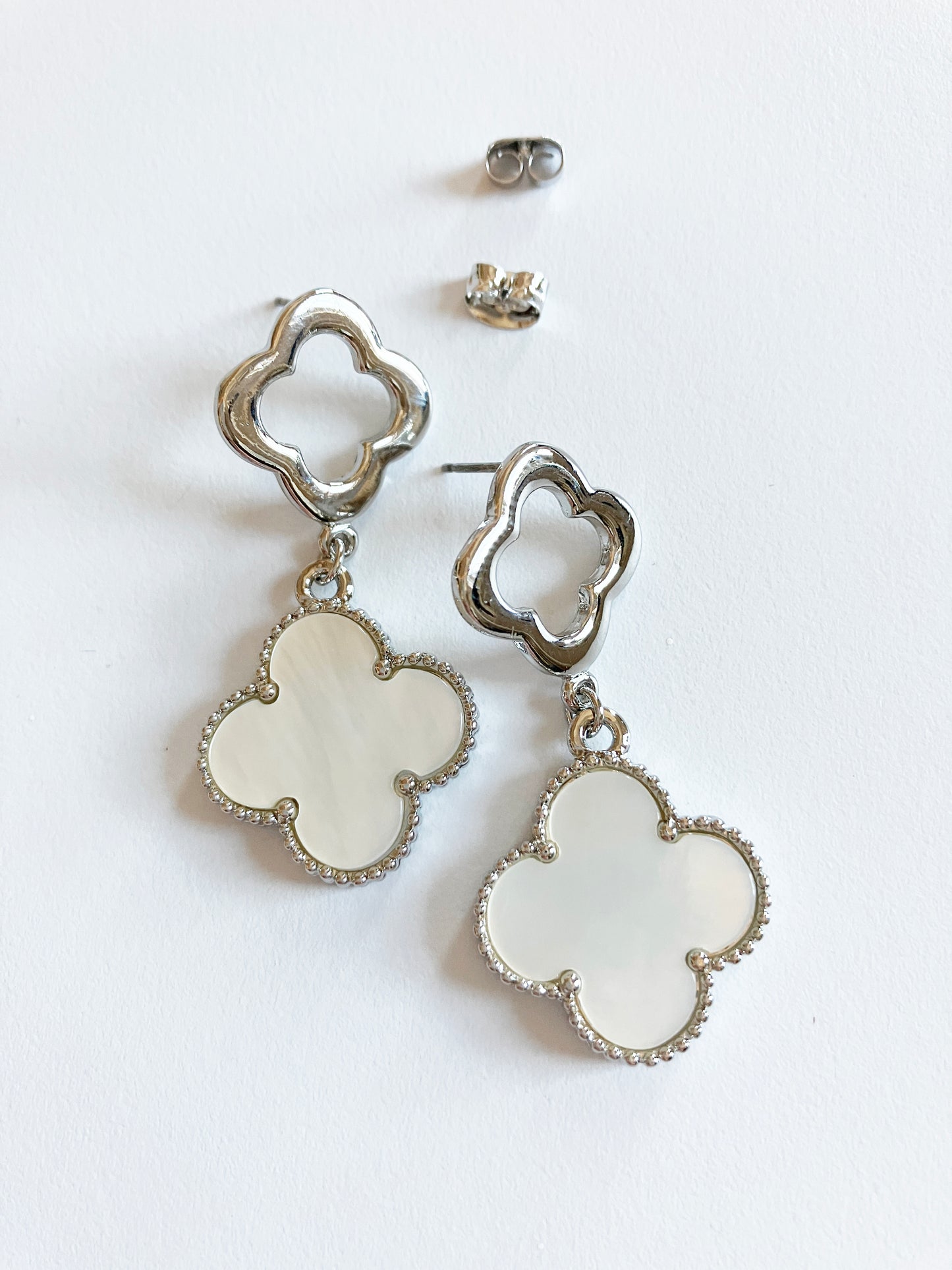 Silver Openwork and Mother of Pearl Quatrefoil Double-drop Earrings