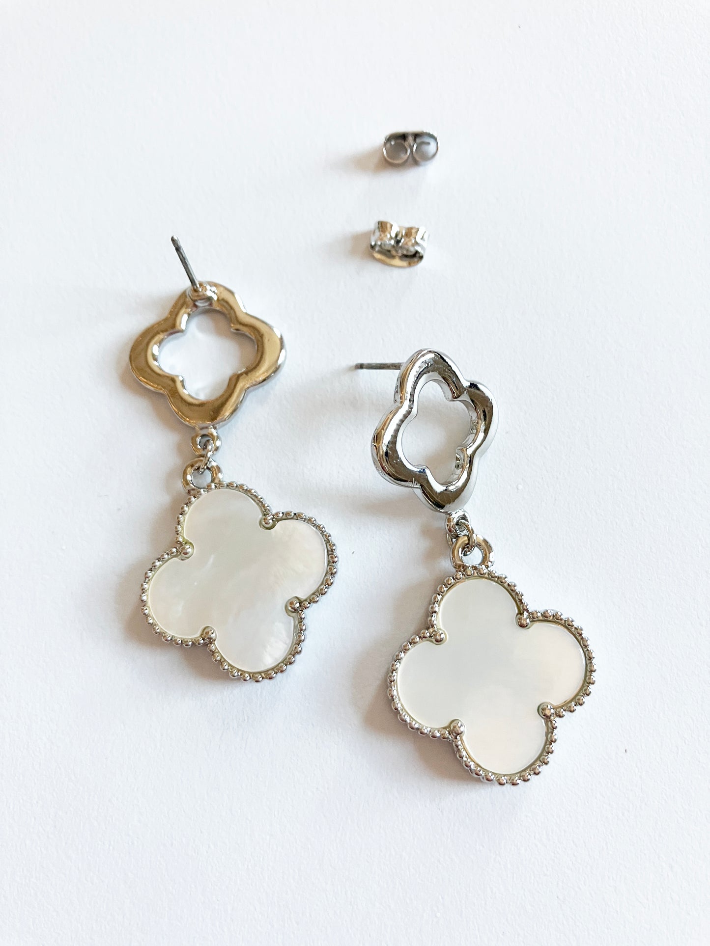 Silver Openwork and Mother of Pearl Quatrefoil Double-drop Earrings