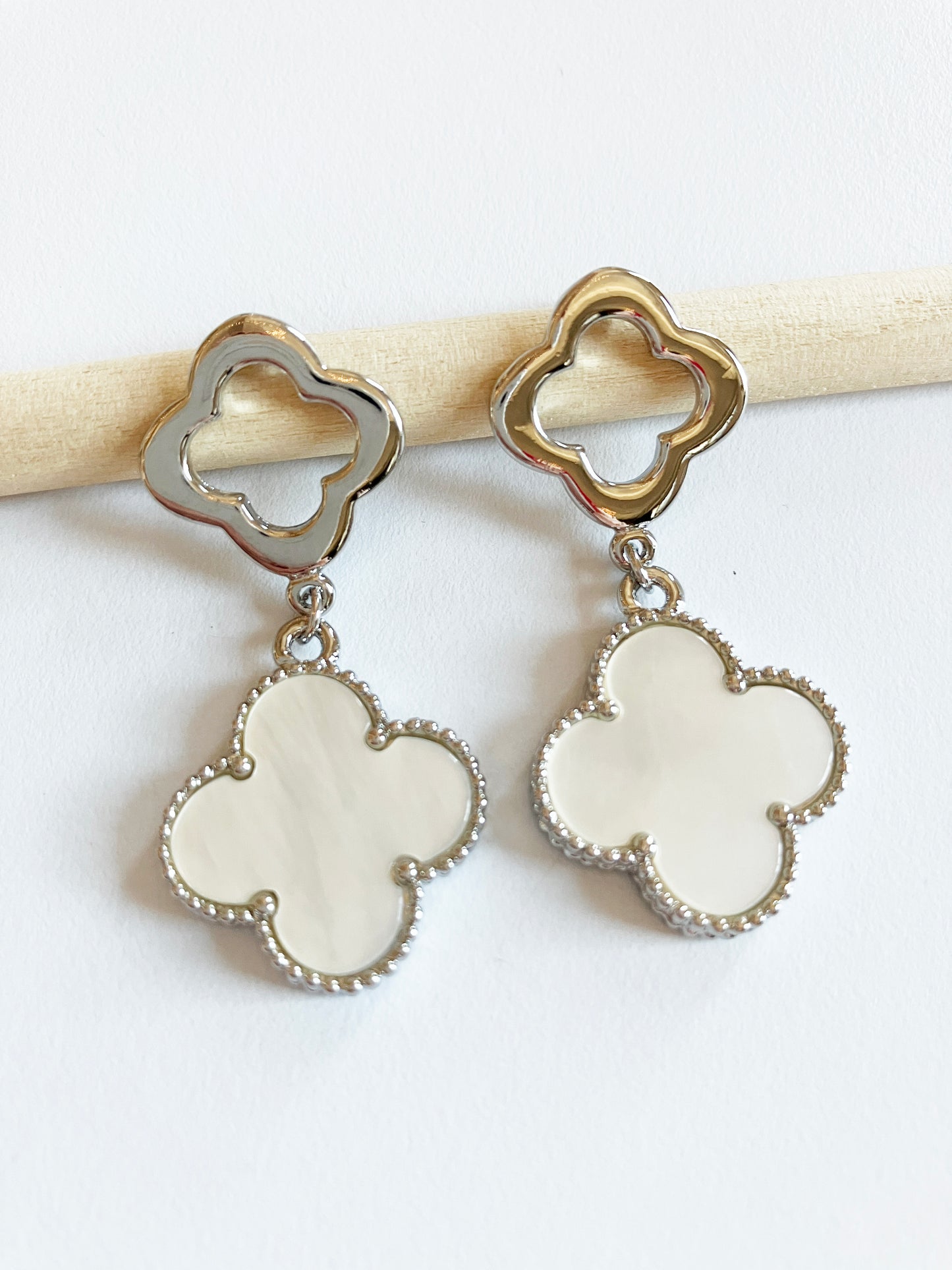 Silver Openwork and Mother of Pearl Quatrefoil Double-drop Earrings