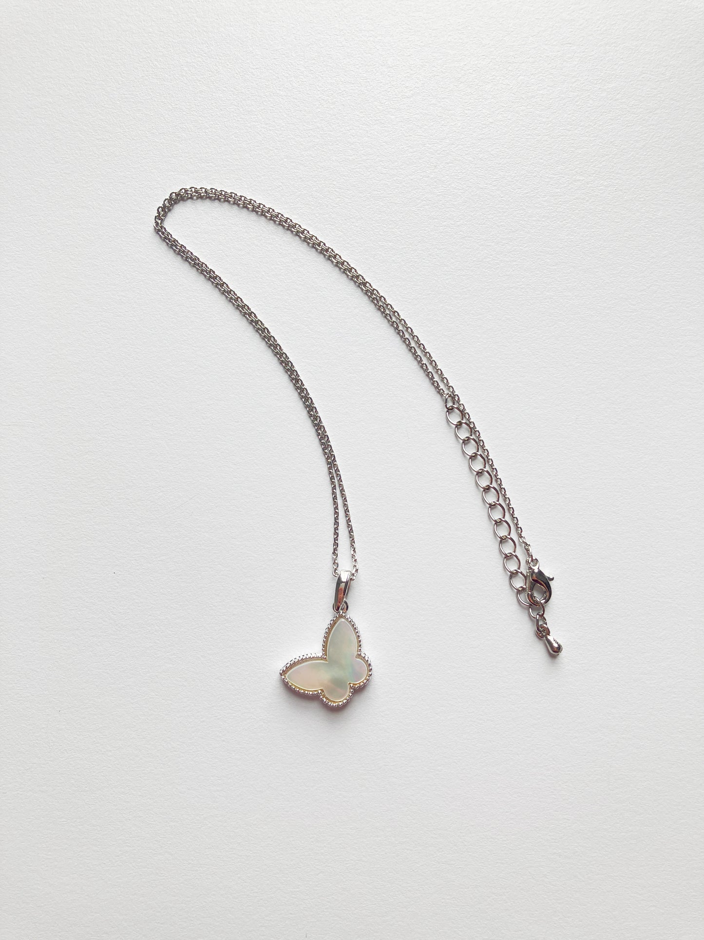 Adjustable Mother of Pearl Butterfly Motif Charm Pendant in Silver