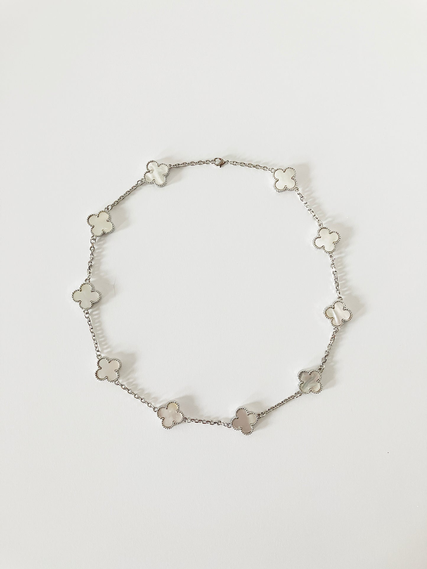 Mother of Pearl Quatrefoil Princess Necklace in Silver