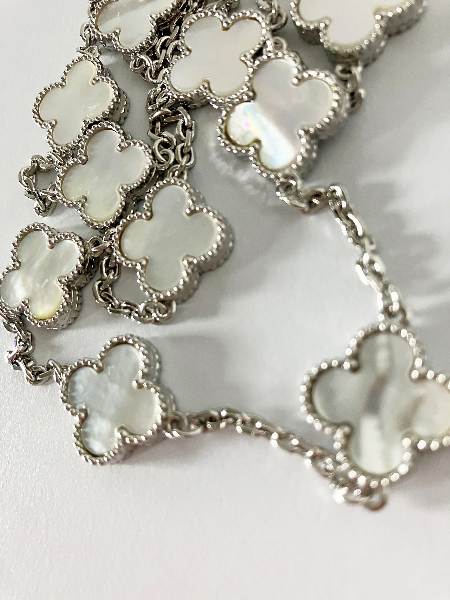 Mother of Pearl Quatrefoil Princess Necklace in Silver
