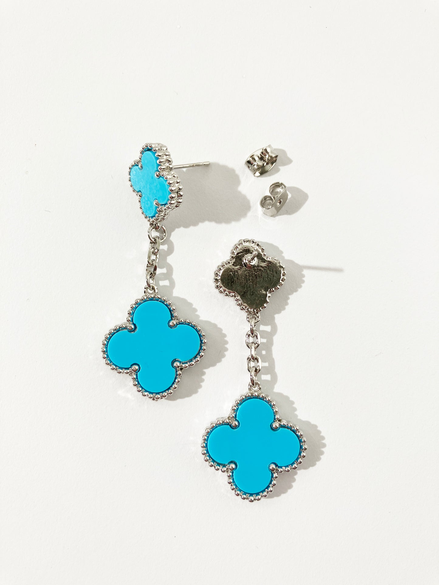 Drop Turquoise and Silver Quatrefoil Motif Earrings