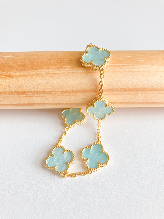 Blue Mother of Pearl Quatrefoil Bracelet in Gold