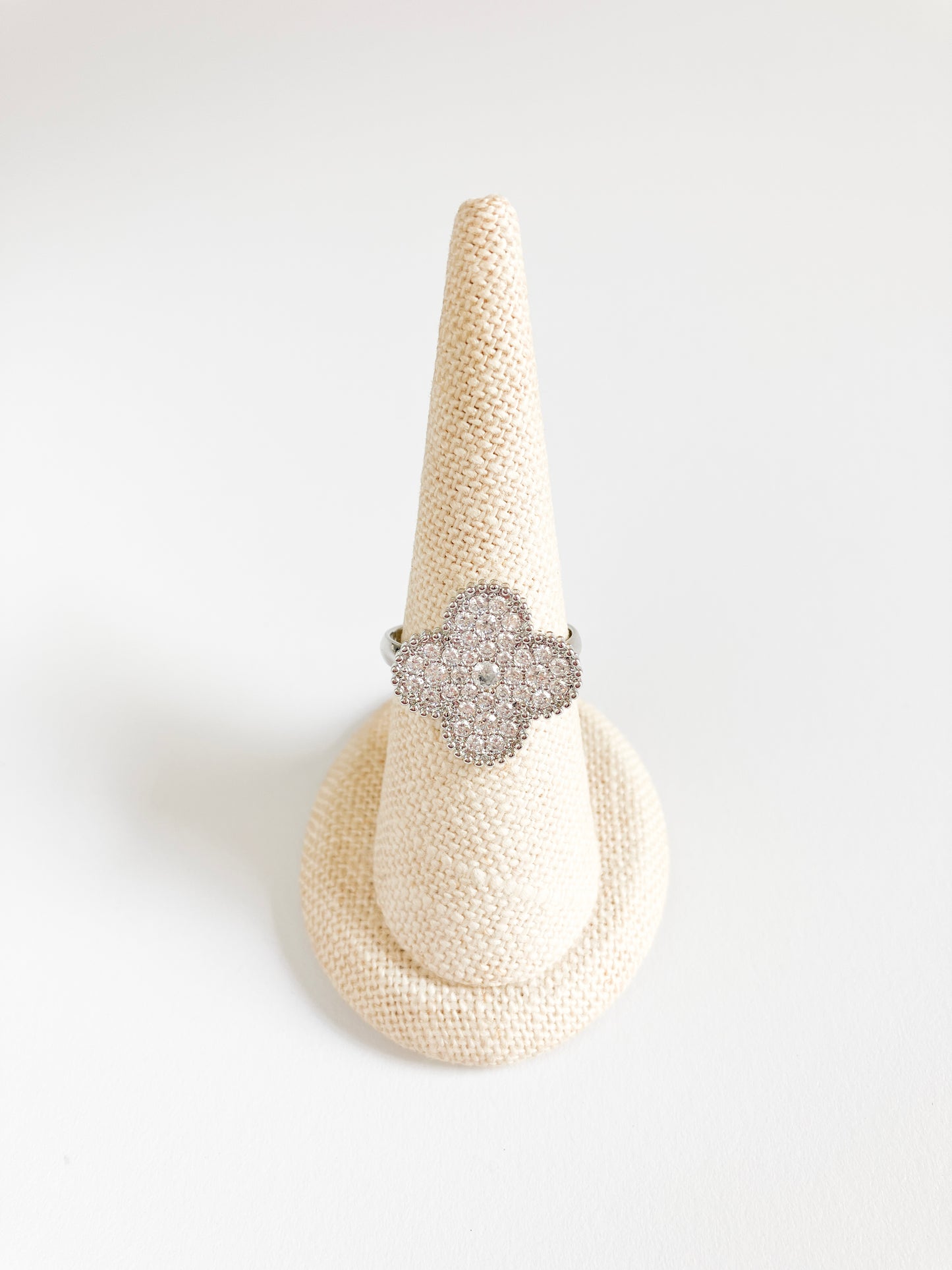 Cubic Zirconia Quatrefoil Motif Ring in Silver