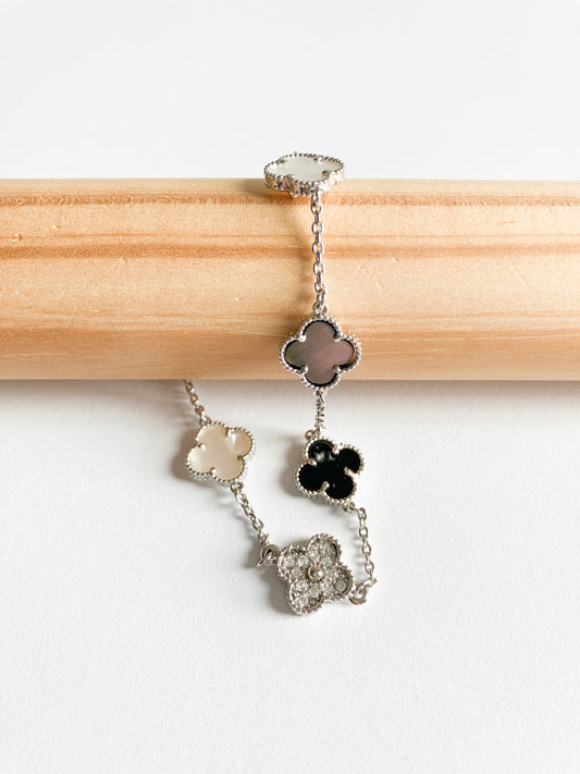 Cubic Zirconia, Mixed Mother of Pearl, and Onyx Small Quatrefoil Bracelet in Gold