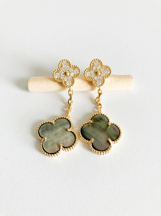 Cubic Zirconia and Grey Mother of Pearl Quatrefoil Double Drop Earrings in Gold