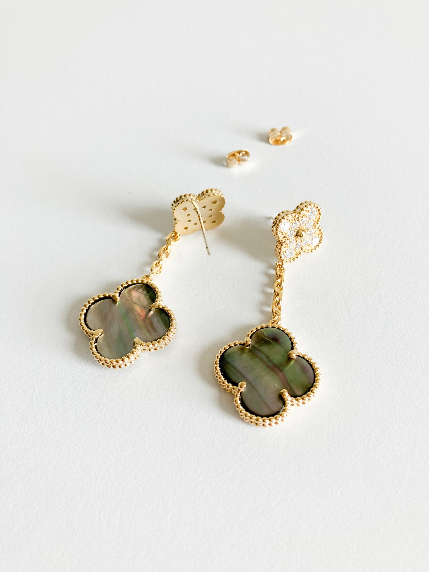 Cubic Zirconia and Grey Mother of Pearl Quatrefoil Double Drop Earrings in Gold