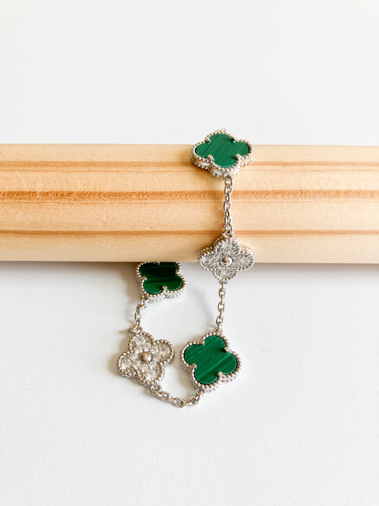 Cubic Zirconia and Malachite Demi Quatrefoil Bracelet in Silver