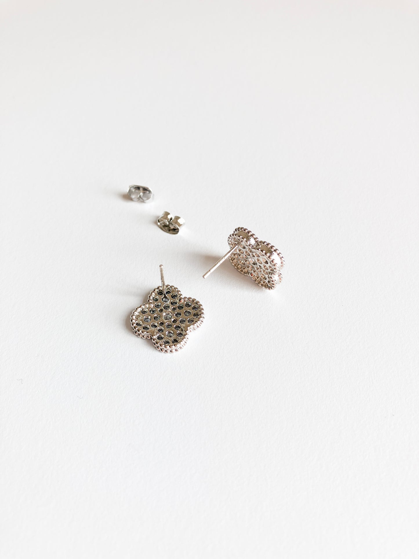 Pave Cubic Zirconia Quatrefoil Earrings with Silver Milgrain