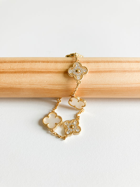 Cubic Zirconia and Mother of Pearl Demi Quatrefoil Bracelet in Gold