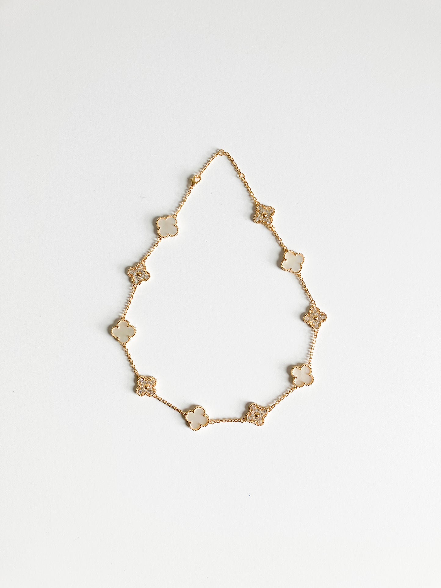 Cubic Zirconia and Mother of Pearl Quatrefoil Choker in Gold