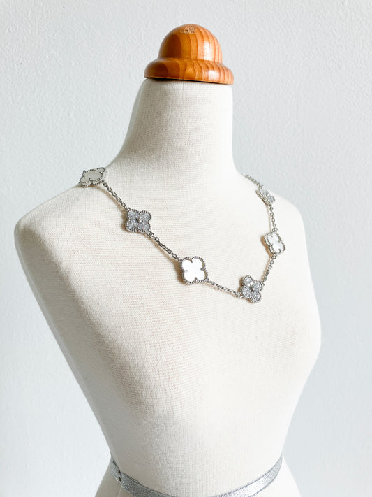Cubic Zirconia and Mother of Pearl Quatrefoil Choker in Silver