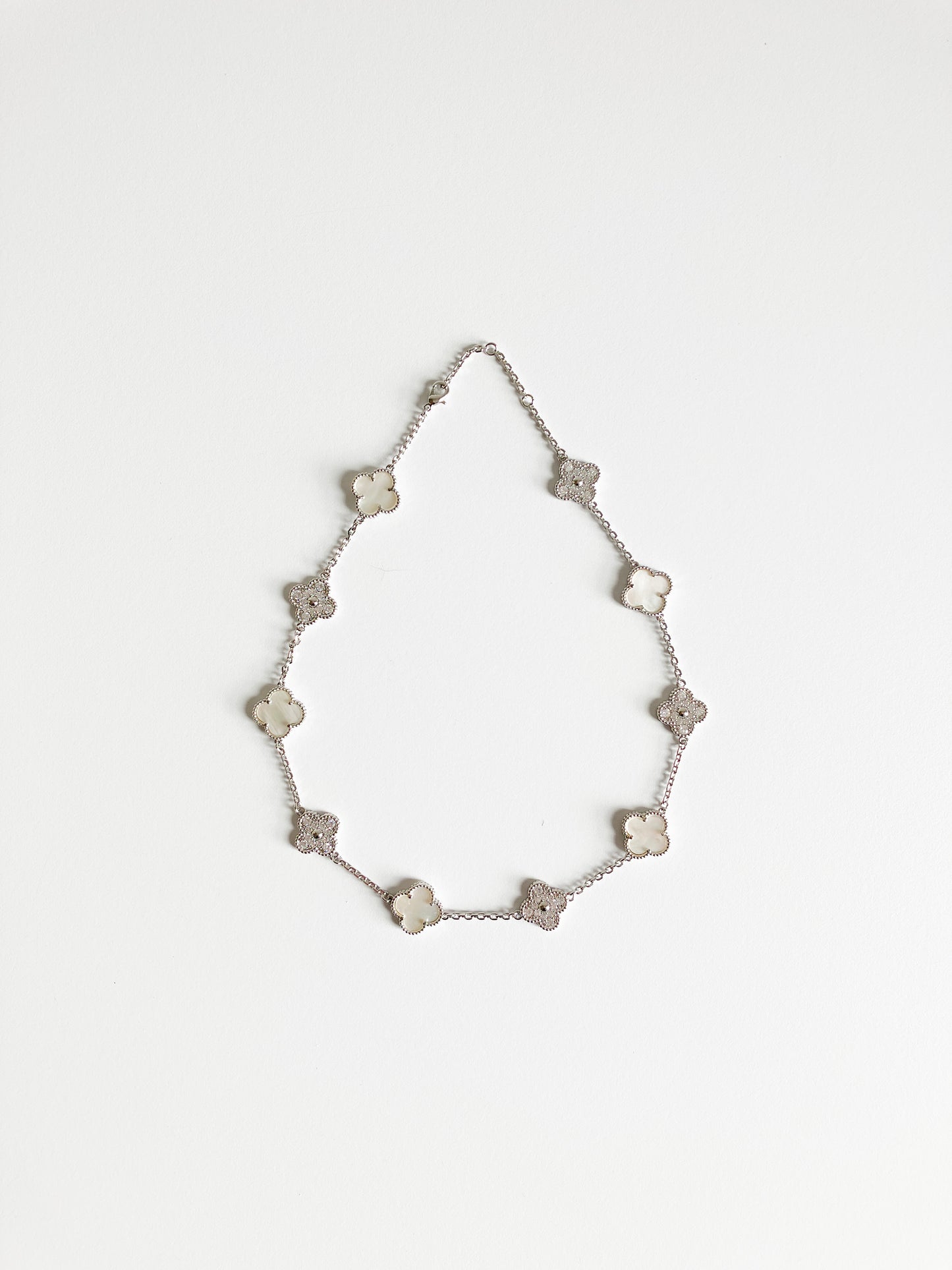 Cubic Zirconia and Mother of Pearl Quatrefoil Choker in Silver