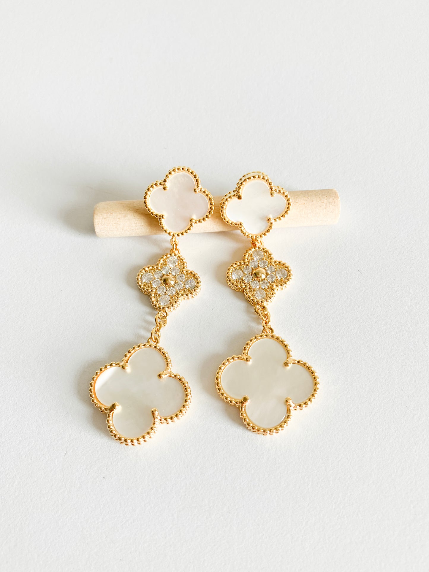 Cubic Zirconia and Mother of Pearl Quatrefoil Triple Drop Earrings in Gold