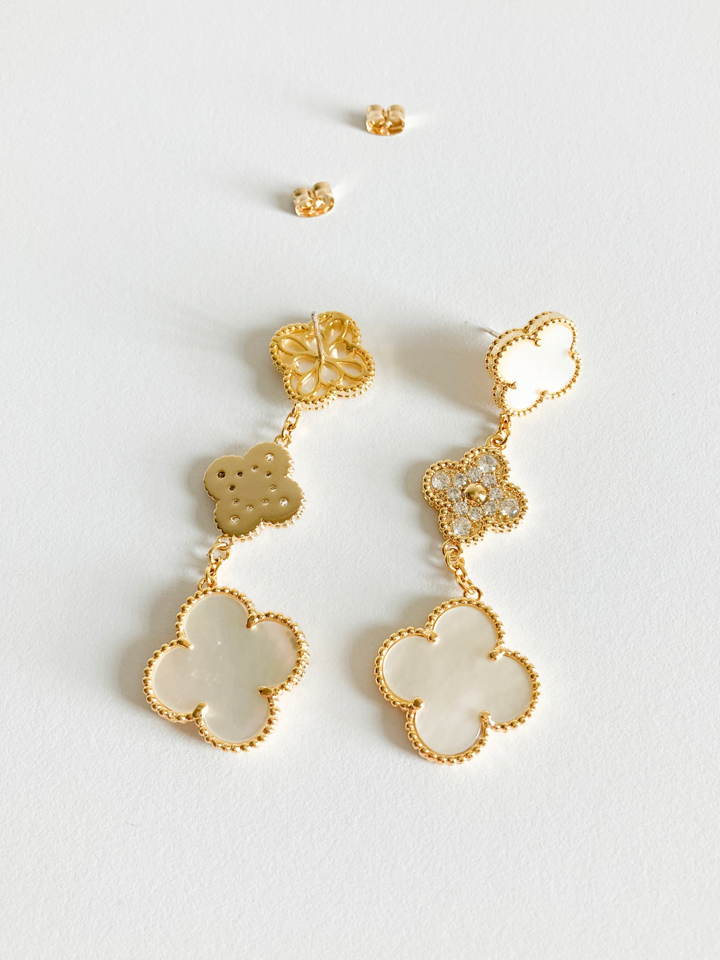 Cubic Zirconia and Mother of Pearl Quatrefoil Triple Drop Earrings in Gold