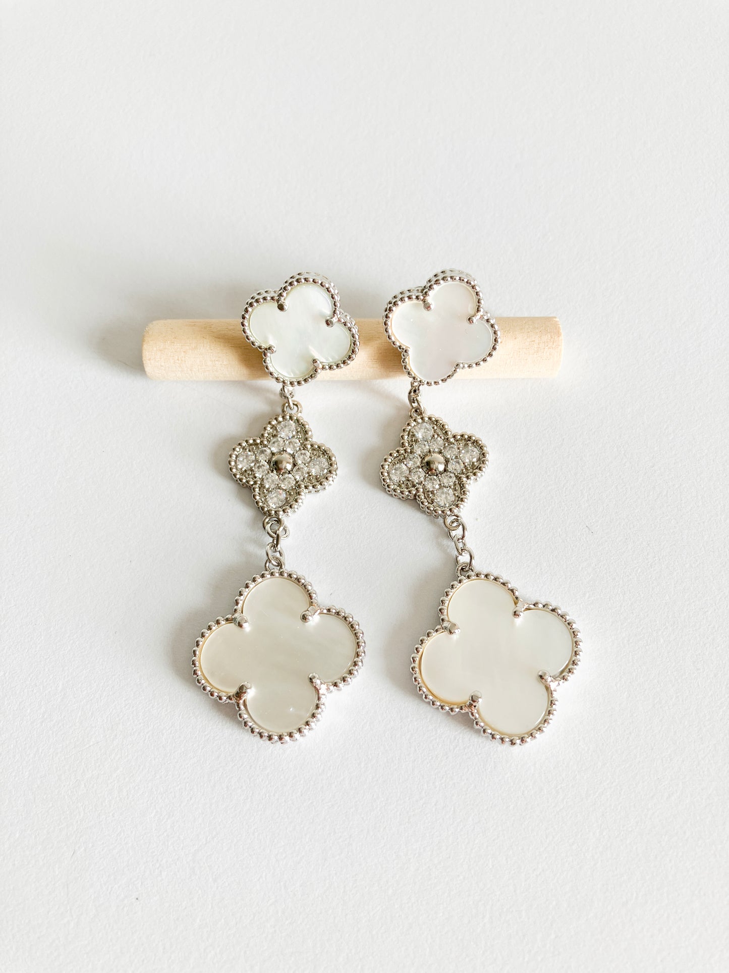 Cubic Zirconia and Mother of Pearl Quatrefoil Triple Drop Earrings in Silver