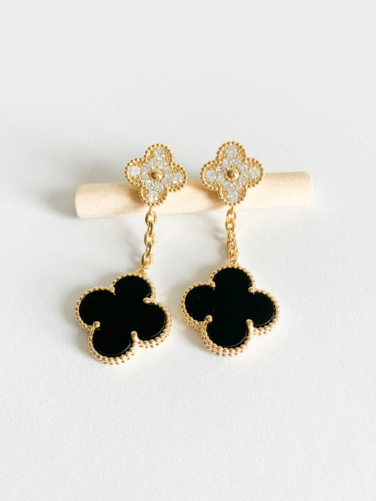 Cubic Zirconia and Onyx Quatrefoil Double Drop Earrings in Gold