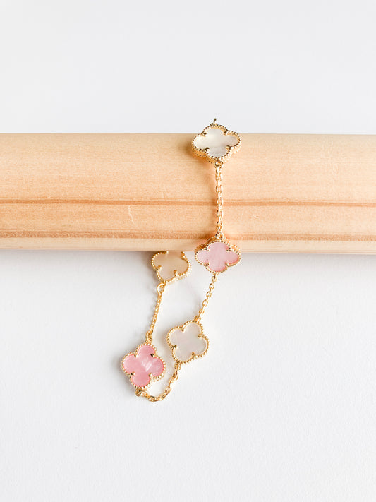 Adjustable 7.5" Pink and White Mother of Pearl Mini Quatrefoil Bracelet in Gold