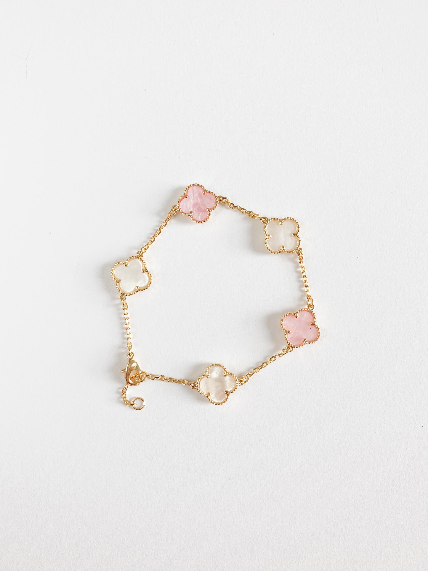 Adjustable 7.5" Pink and White Mother of Pearl Mini Quatrefoil Bracelet in Gold