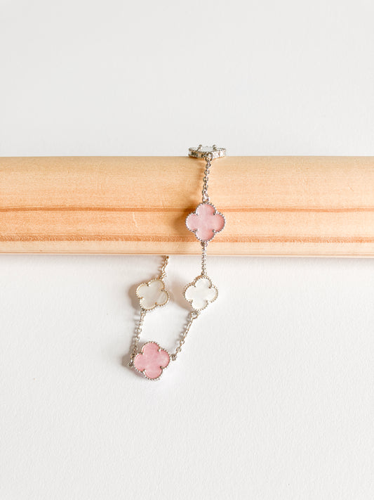 Adjustable 8" Pink and White Mother of Pearl Mini Quatrefoil Bracelet in Silver