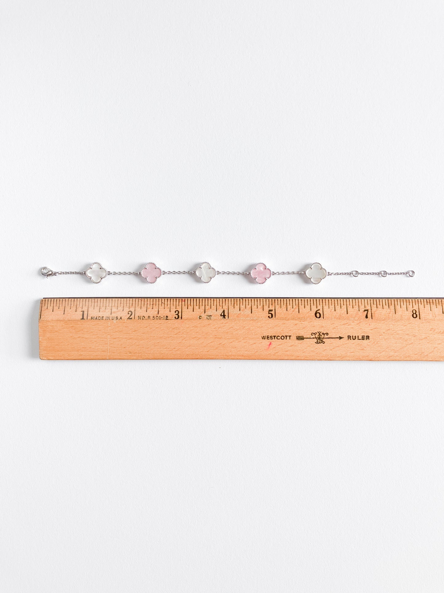Adjustable 8" Pink and White Mother of Pearl Mini Quatrefoil Bracelet in Silver