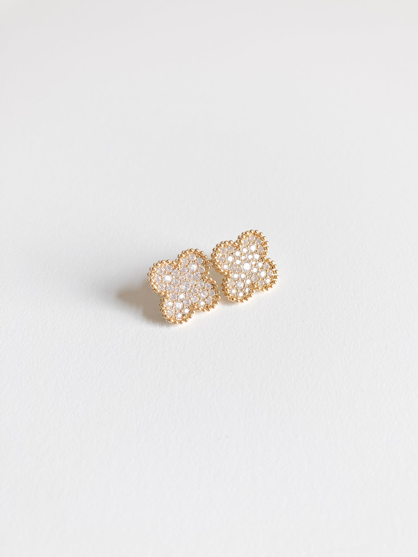 Pave Cubic Zirconia Quatrefoil Earrings with Gold Perlage