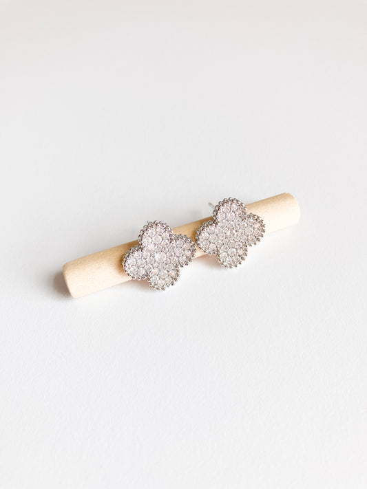 Pave Cubic Zirconia Quatrefoil Earrings with Silver Perlage