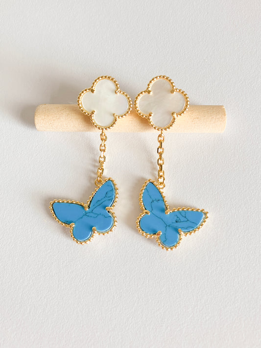 Opulent Mother of Pearl Quatrefoil and Turquoise Butterfly Drop Earrings in Gold