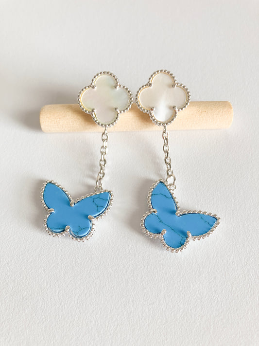 Opulent Mother of Pearl Quatrefoil and Turquoise Butterfly Drop Earrings in Silver