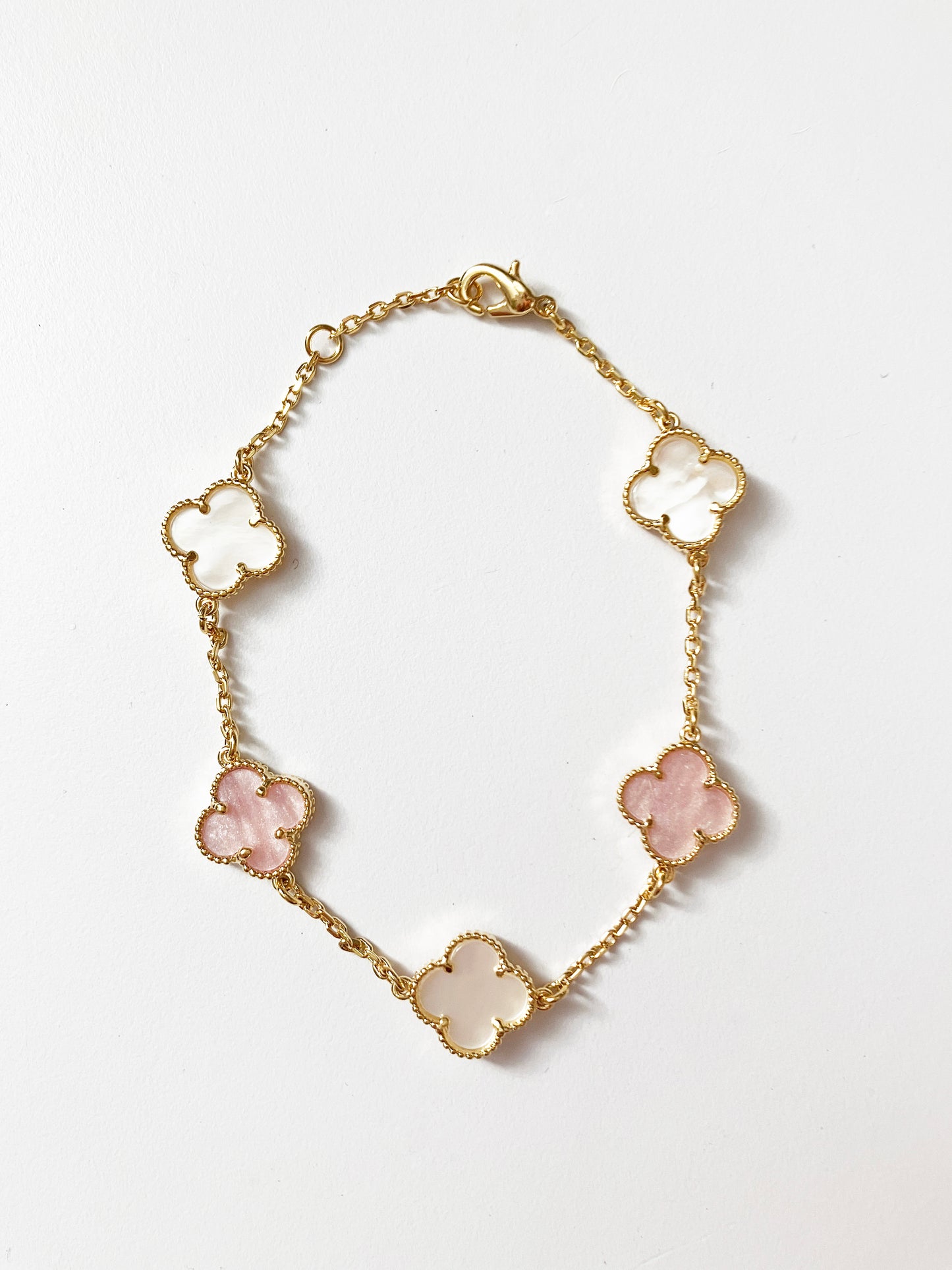 Adjustable 7.5" Pink and White Mother of Pearl Mini Alhambra Bracelet