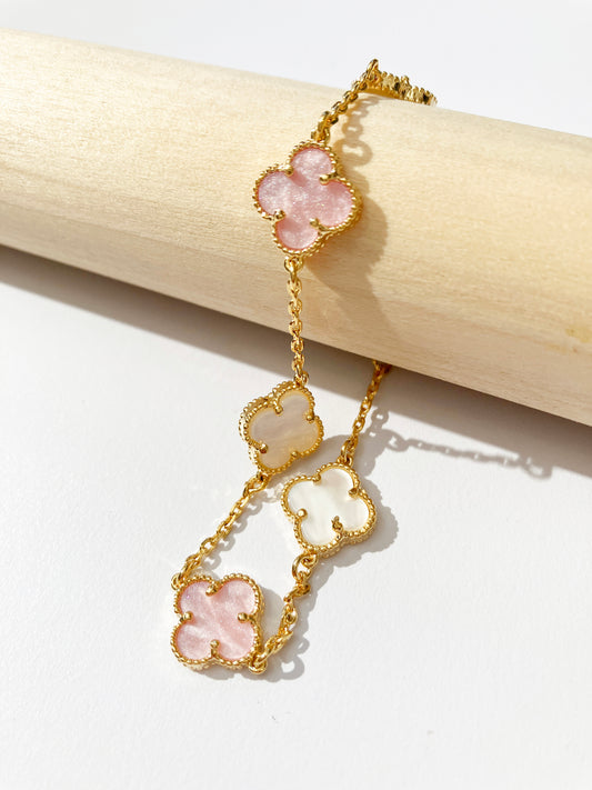Adjustable 7.5" Pink and White Mother of Pearl Mini Alhambra Bracelet