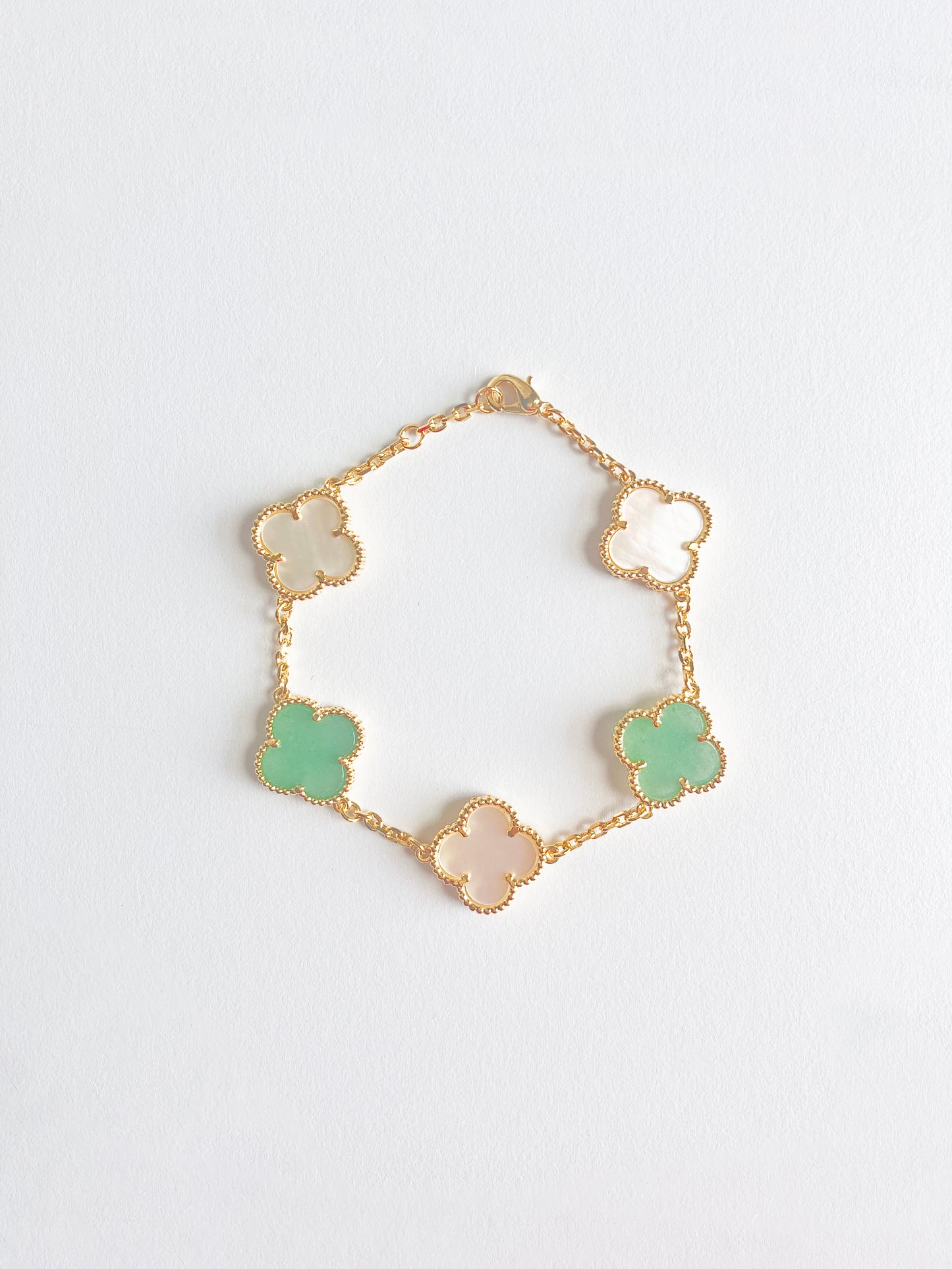 Jade and Mother of Pearl Quatrefoil Bracelet in Gold