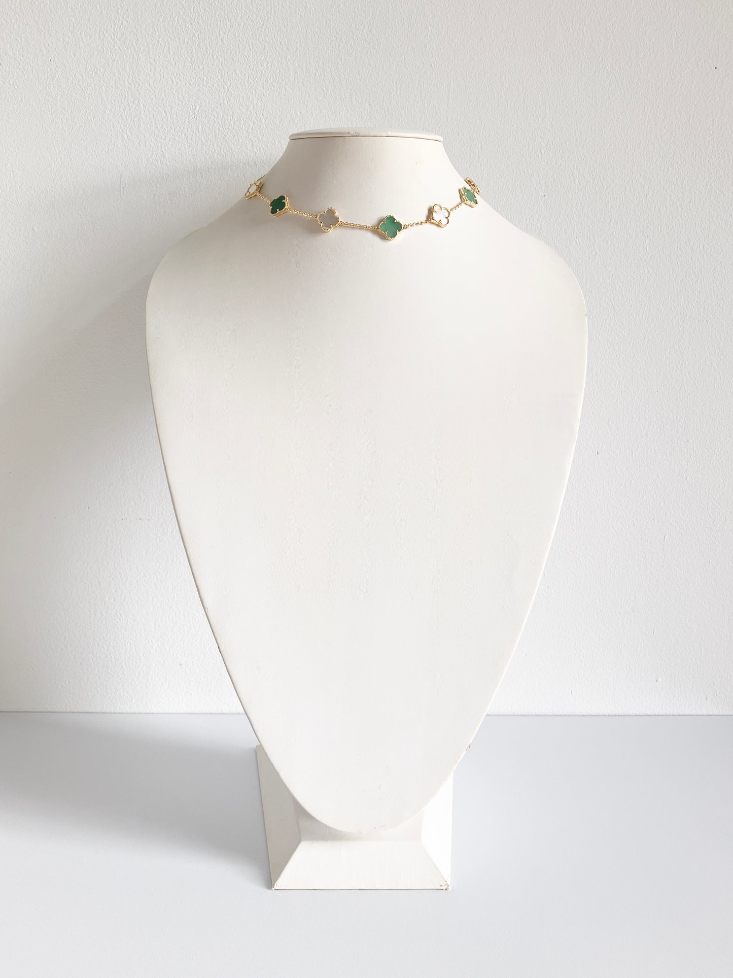 Jade and Mother of Pearl Quatrefoil Necklace in Gold