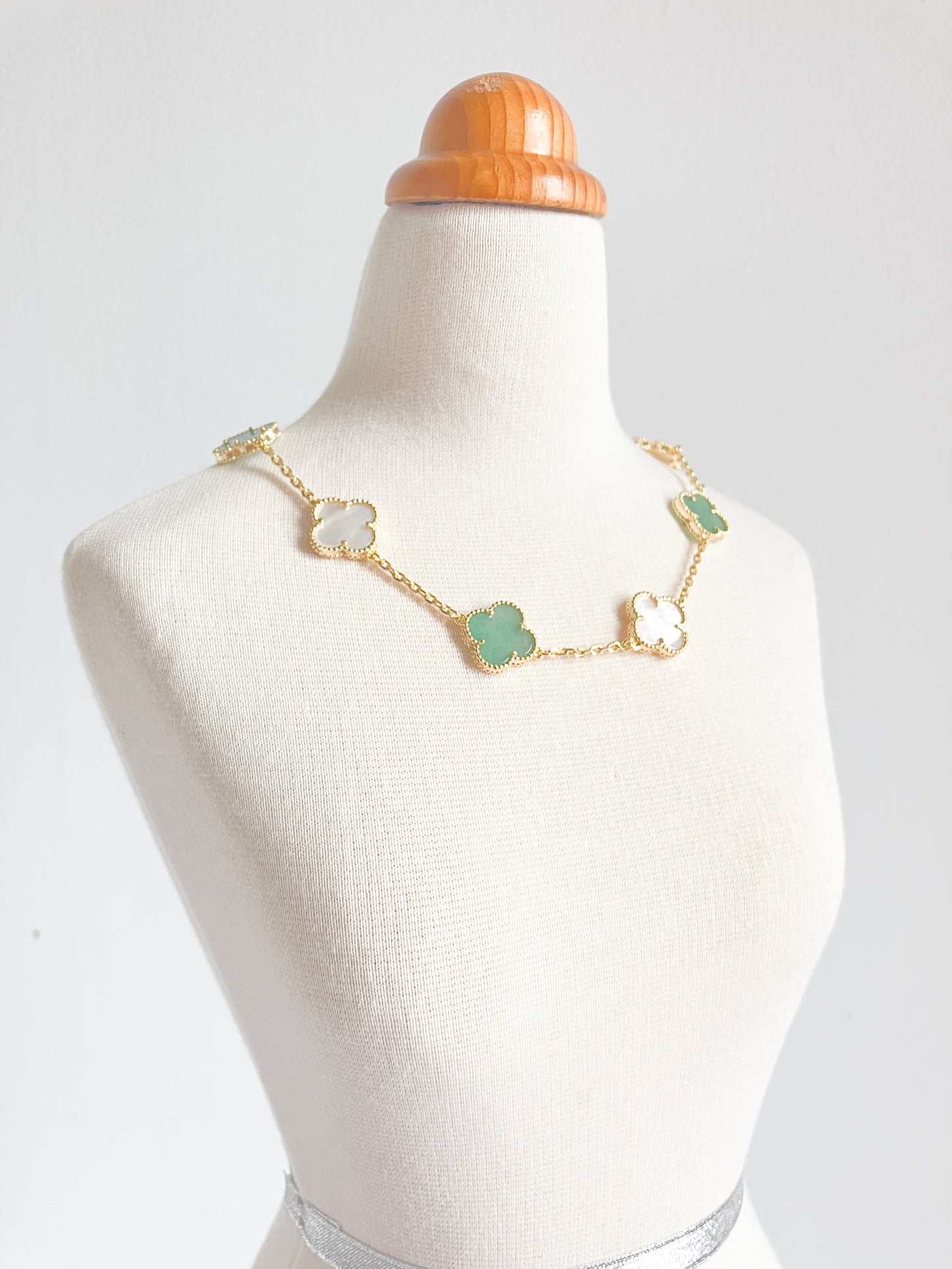 Jade and Mother of Pearl Quatrefoil Necklace in Gold