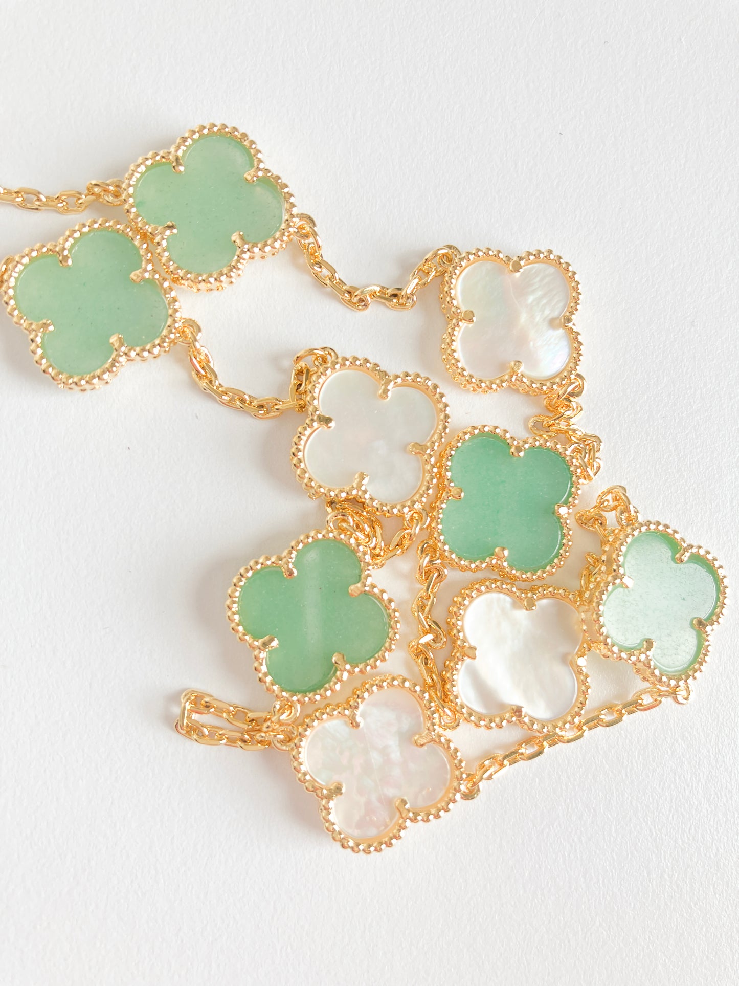 Jade and Mother of Pearl Quatrefoil Necklace in Gold
