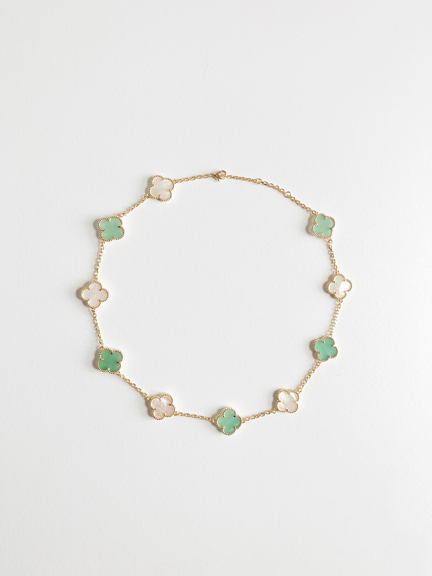 Jade and Mother of Pearl Quatrefoil Necklace in Gold