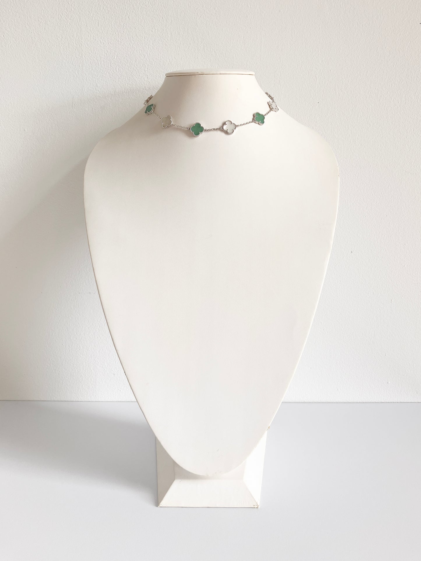 Jade and Mother of Pearl Quatrefoil Necklace in Silver